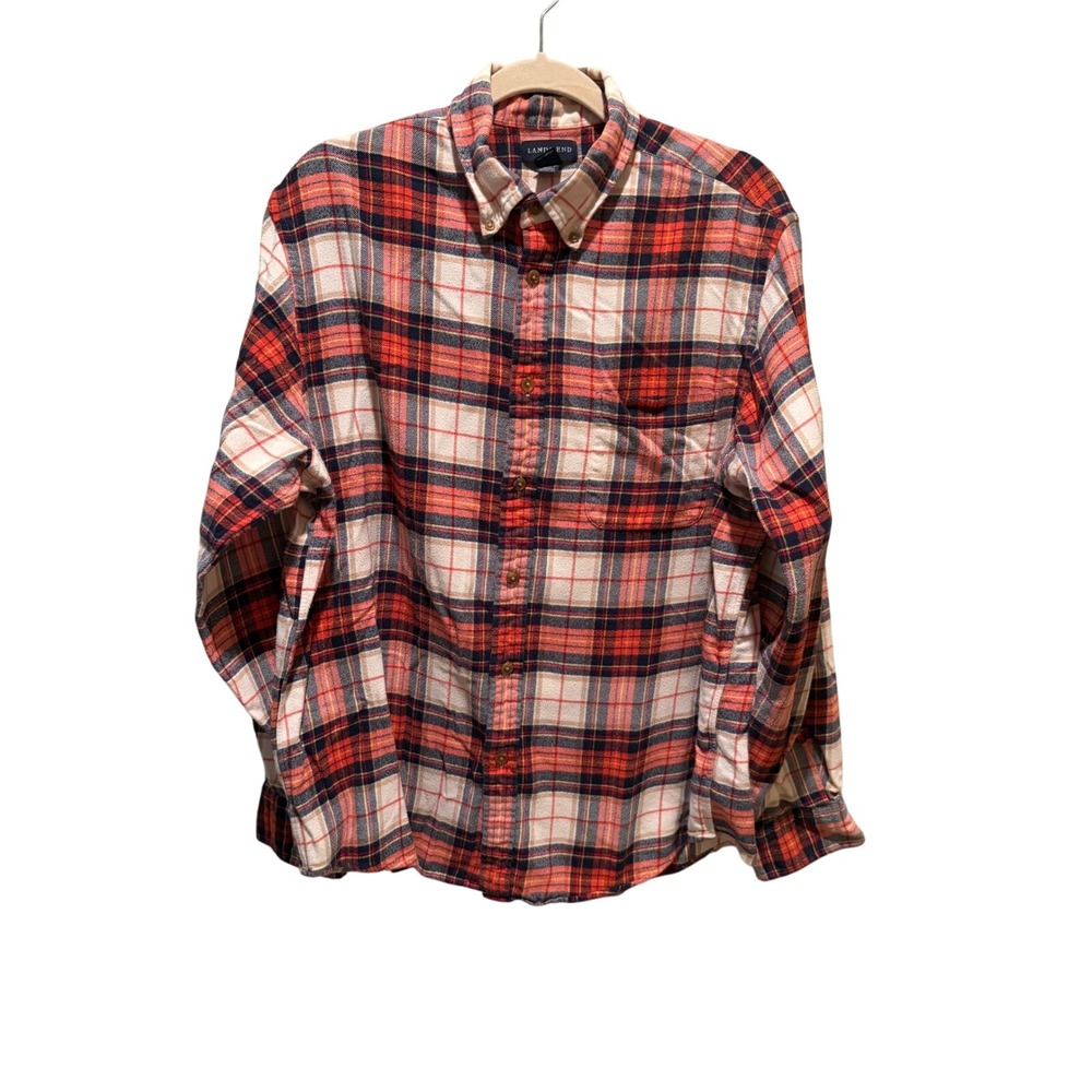 Lands End Mens Large Red Navy Blue Plaid Flannel Button Down Shirt 100% Cotton